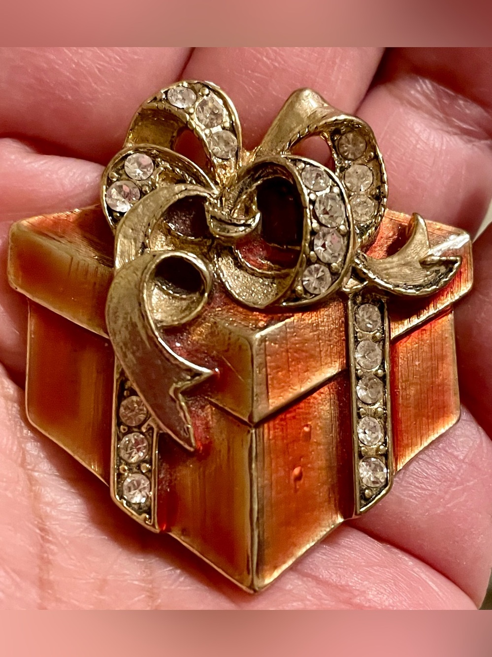 Monet Gold-Tone Orange Enamel Gift Box Brooch with Clear Crystals